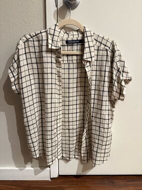 Calvin Klein Cream and Black Windowpane Short Sleeve Button-Down Shirt